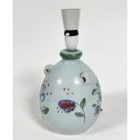 A Buchan pottery ribbed flagon style three handled pottery lamp with stylised cornflower design, (h: