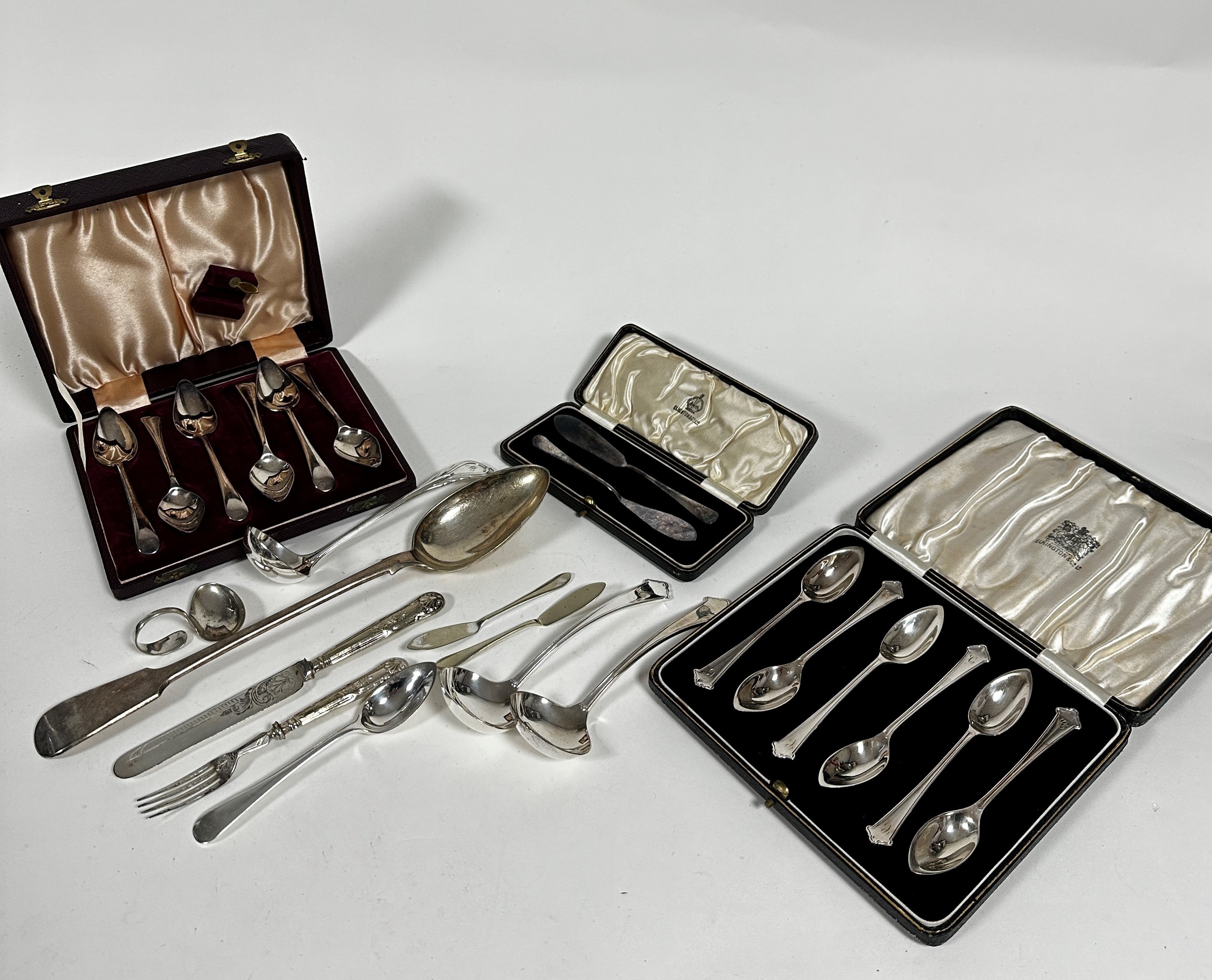 A collection of Epns including a set of six grapefruit spoons in fitted case, a pair of Epns sauce