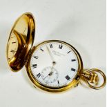 A 9ct gold full hunter pocket watch by J W Benson of London, with enamelled face and subsidiary dial