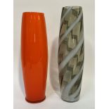 Two large Italian blown glass vases comprising an orange cylindrical vase tapering to a flayed foot,