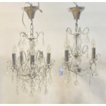 A silvered metal and glass five branch chandelier, together with a three branch chandelier of