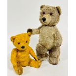 A grey plush 1950s mohair teddy bear with inset glass eyes and plastic nose and stitched mouth,