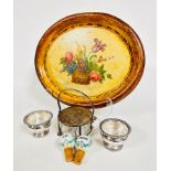 An Italian style papier mache oval tray with hand painted basket of flowers, (37cm x 30cm) an Epns