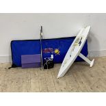 An RC laser radio controlled model boat, complete with control, rudder, keel, carry case and