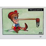 Bob, PIN'OCHAYE'O, caricature of Nicola Sturgeon as Pinocchio with Scottish Flag Bow Tie, Tartan