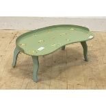 An early 20th century green and floral painted folding kidney shaped breakfast in bed tray 61cm x