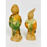 A pair of modern Chinese pottery honey and green glazed tomb figures, (h: 15cm x 14cm, base 5cm x