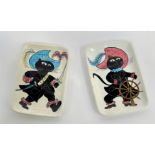 A pair of hand painted Italian wall hanging dishes with a pirate cat to one and a cat musketeer to