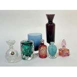 A collection of studio/art glass comprising two perfume bottles (one Bohemian with enamelled