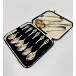 A set of six Epns thistle terminal handled coffee spoons and an Epns pierced gilded bowl sugar