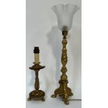 A three-footed cast brass baroque style lamp with frosted glass shade (h- 51cm w- 15cm), together