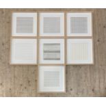 A set of seven framed pencil drawings, in glazed beech frames 37cm x 37cm