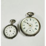 A 19thc white metal open faced miniature pocket watch with enamelled dial, missing hands, with