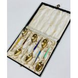 A set of six Meka Danish sterling silver gilt guilloche coloured enamelled handled coffee spoons,