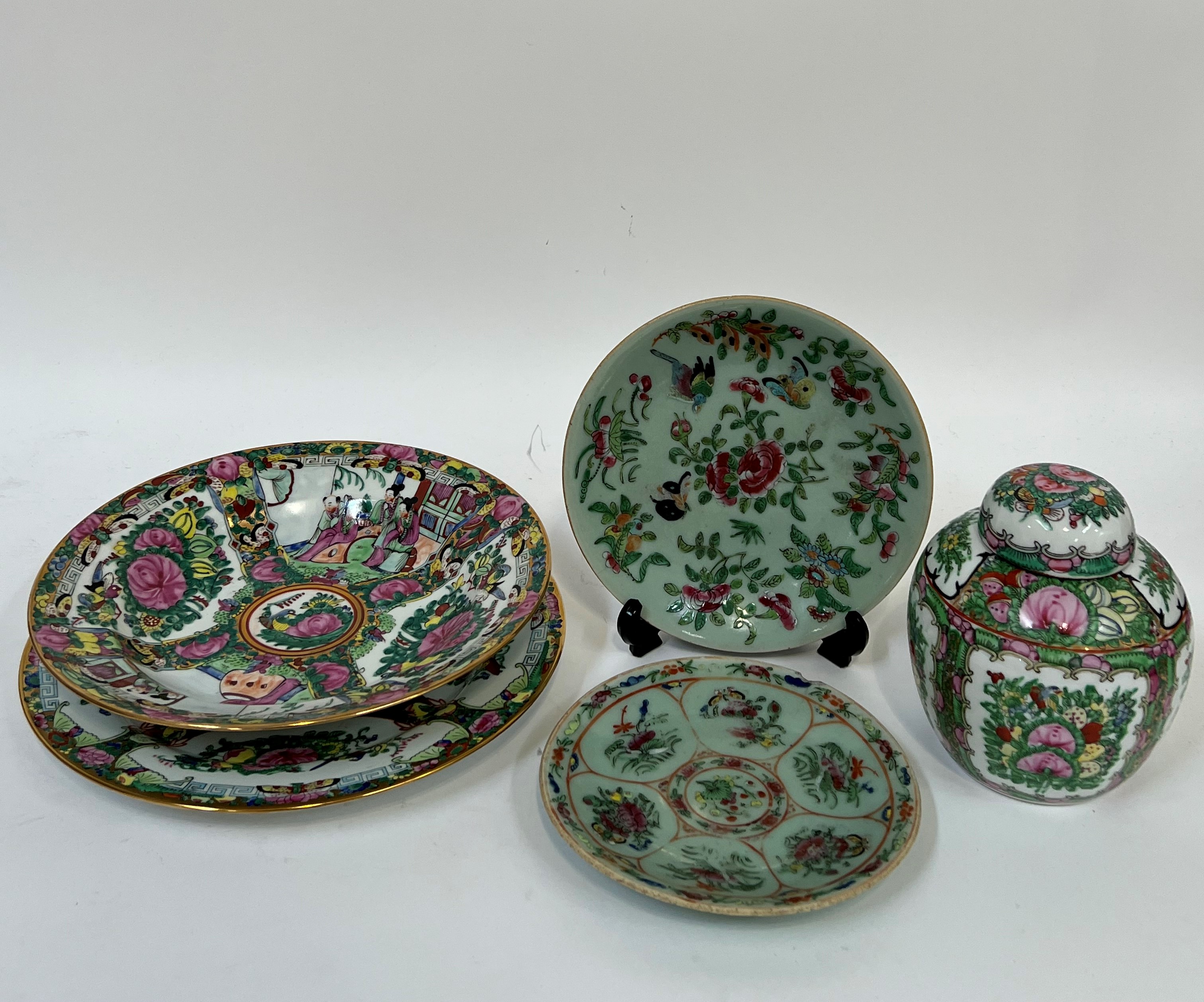 A group of Chinese porcelain comprising a pair of 19th century enamelled dishes with decoration of