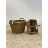 A twin handled wicker basket of tapered cylindrical form (H39cm) together with another wicker basket