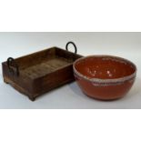 A chip carved woden tray with iron loop handles (height incl. handles 16cm, w- 36cm), together