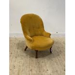 A Victorian spoon back chair, upholstered in buttoned yellow velvet, raised on cabriole front