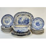 A 19thc Deakin & Bailey blue and white Crusaders pattern part dinner service, comprising eleven