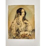 19thc School, Lady Holding Rose in a Draped Veil, pen and ink drawing on card, unsigned, in oval