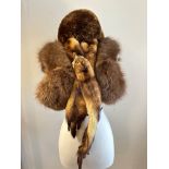 A fox fur evening bolero style jacket with open arm sections, a mink fur tippet, and a shadow beaver