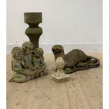 A reconstituted stone balustrade or pedestal, (H58cm) together with a composition figural bird bath,