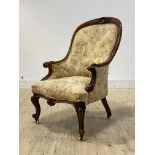 A good Victorian mahogany spoon back drawing room chair, the crest rail well carved with shell