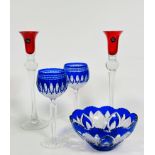 A pair of Bohemian blue to clear slice cut hock glasses on faceted stems, (h: 20cm x 6.5cm) and a