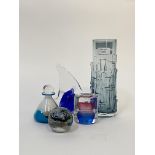 A group of blue art glass comprising a Mdina glass perfume bottle (H11cm, W8.5cm) (marked with