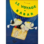 Jean de Brunhoff, Le Voyage de Babar, print of Babar and Queen Celeste in a balloon, white glazed