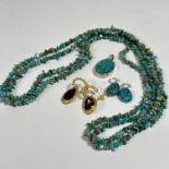 A pair of turquoise natural nugget bead necklaces, (L: 52cm) a turquoise white metal mounted oval