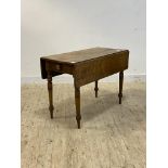 A 19th century mahogany drop leaf table, with drawer to one end, raised on turned supports, H75cm,