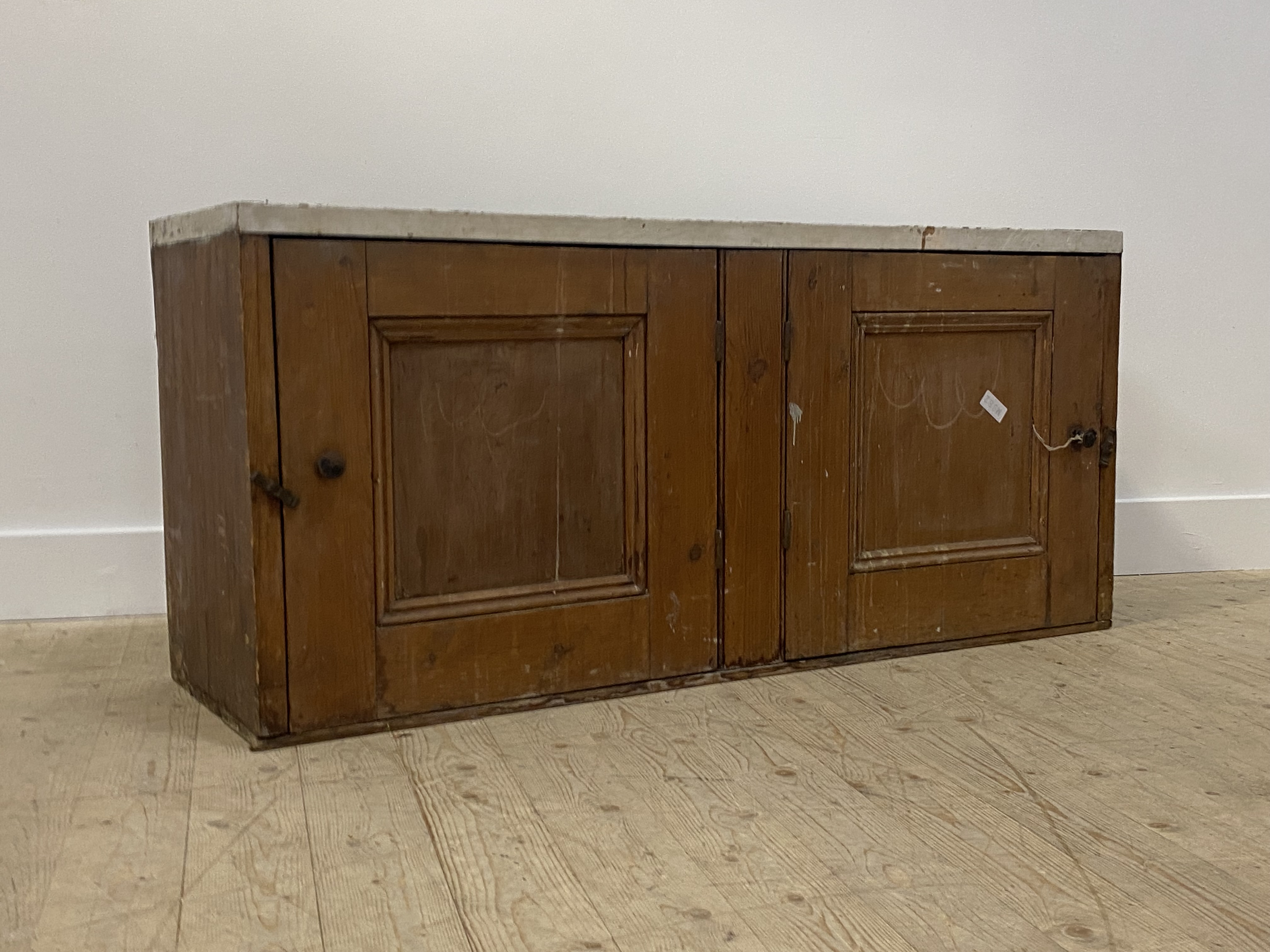 A late 19th century pine side cabinet, the white painted top over two panelled doors H64cm, - Image 2 of 2
