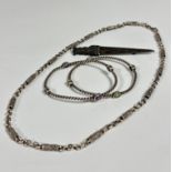 A white metal chain link and barrel beaded necklace, (L: 27cm) an Edinburgh silver sgian dubh