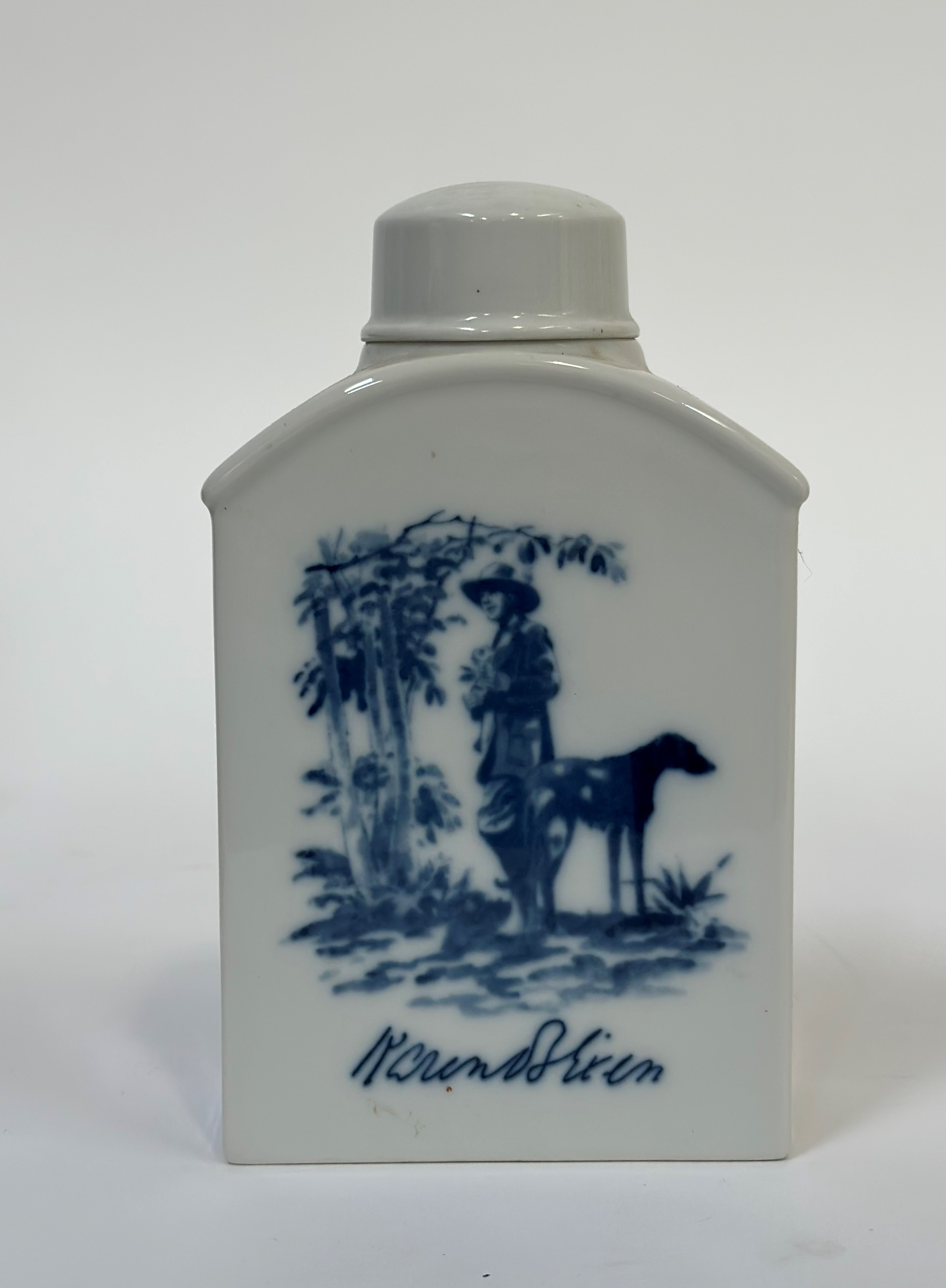 Royal Copenhagen, a blue and white tea caddy depicting a man and dog and a rural scene labelled ' - Image 2 of 4