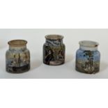 Three nineteenth century Prattware fish paste jars, with various transfer printed designs