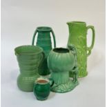 A mixed group of green enamelled Art Deco pottery comprising, a Lovatt jug (h- 19.5cm), a Sylvac jug