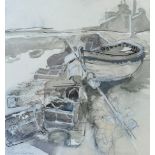 Elspeth Haston, (Scottish) John's Haven, Sailboat at Rest, charcoal and watercolour, signed bottom