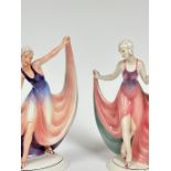 Katzhutte, two large Art Deco porcelain figures, one with arm raised up holding her hem of her