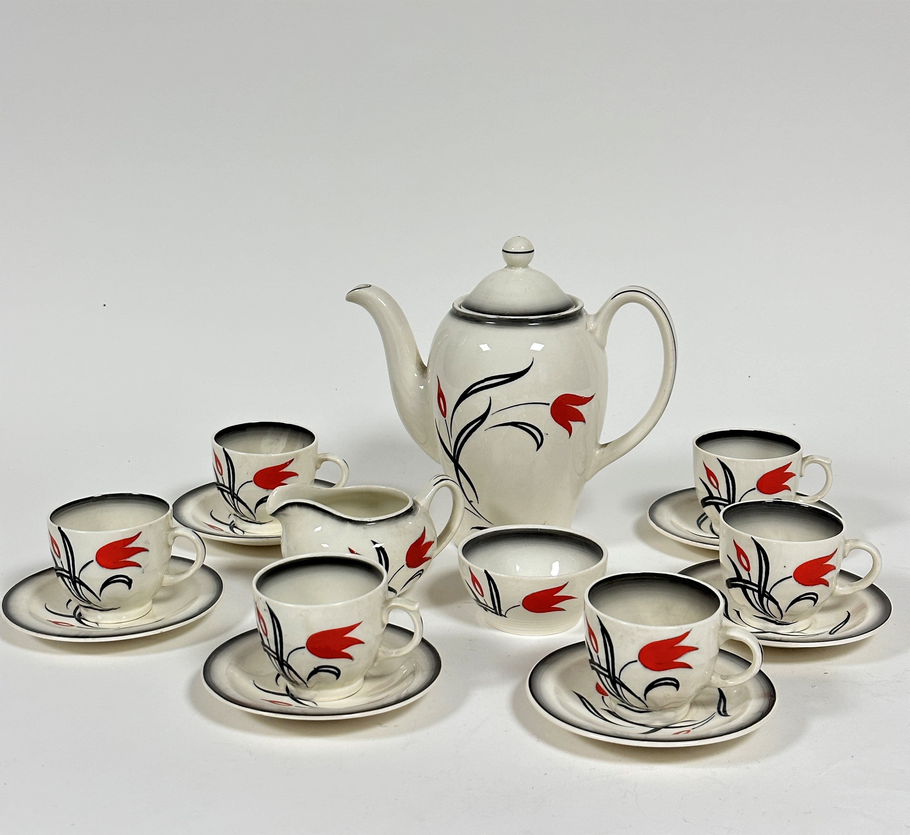 A Wood & Son England Flamenco pattern fifteen piece coffee set complete with baluster coffee pot