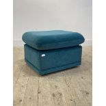 A contemporary teal velour upholstered footstool H48cm, W60cm, D67cm
