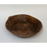 A rustic fruit wood carved bowl, with adzed finish. (crack and staple repair) ( w- 50cm h- 8cm l-