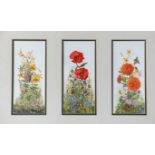 K V, Study of Poppies and Chrysanthemums and Lupins, triptych, watercolour, signed with initials,