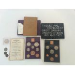 Proof coin sets (2) for 1970, 1971 and 1964 Kennedy silver half dollar, 2 farthings, a worn shilling