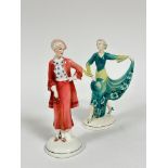 Katzhutte, Two Art Deco style porcelain figures, one with pink jacket holding a purse, (h: 17cm x