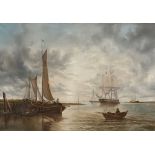 Dutch School, Three Masted Sailing Ship and Figures in Barges off Coast of Netherlands, oil on
