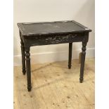 A vintage hardwood console table, finished in distressed blue paint, with acanthus carved frieze,