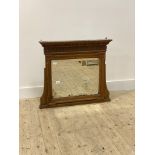 A late 19thc pine over mantel mirror, the dentil cornice over reeded frieze, the distressed bevelled