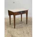 A vintage pine and formica kitchen table, fitted with a drawer and a drop leaf H77cm, W82cm, D58cm