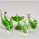 A Katzhutte group of four Art Deco porcelain figures of dancing ladies, one with both arms holding